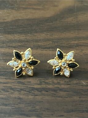 Vintage Goldtone Flower Shaped Post Earrings with Clear and Black Rhinestones